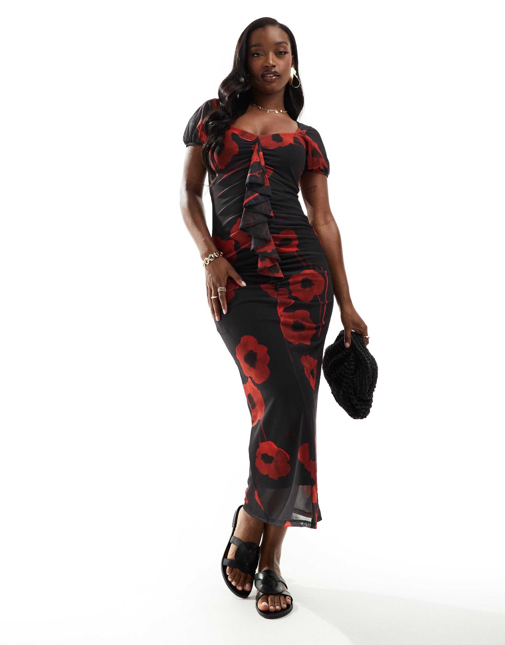 asos design mesh ruffle puff sleeve tea dress with sweetheart neckline in poppy print