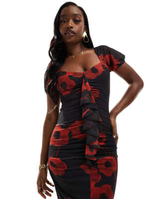 Asos Design Mesh Ruffle Puff Sleeve Tea Dress With Sweetheart Neckline In Poppy Print-multi In Multi