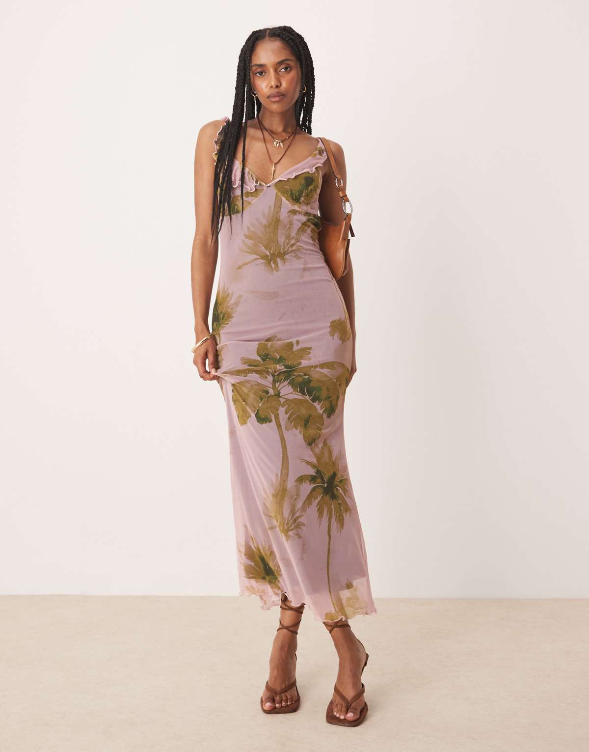 ASOS DESIGN mesh ruffle strap midi dress in vintage floral print