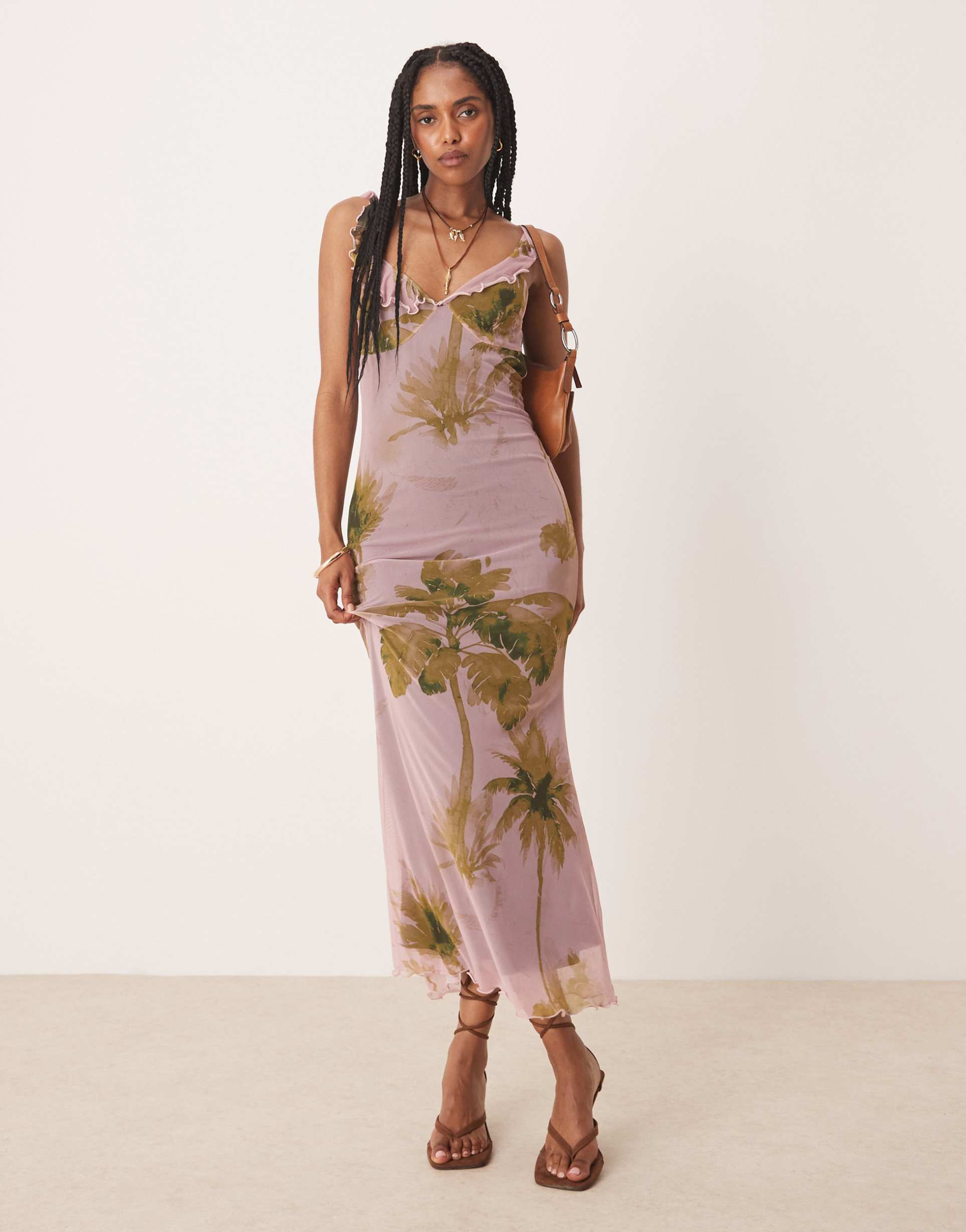 asos design mesh ruffle straps midi dress in vintage floral print