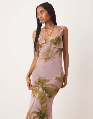 Asos Design Mesh Ruffle Straps Midi Dress In Purple