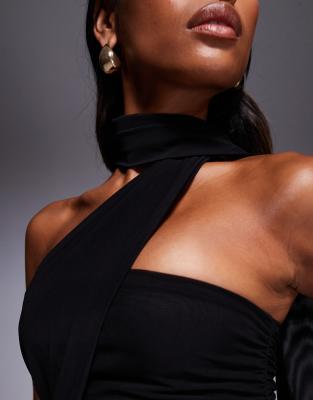 Asos Design Mesh Scarf Detail Bandeau Maxi Dress In Black