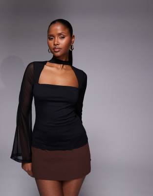 Asos Design Mesh Scarf Top With Angel Sleeve In Black
