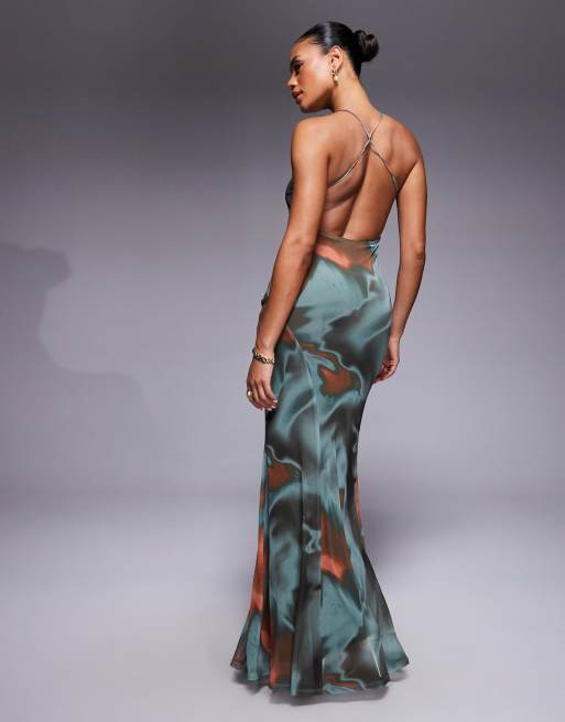 ASOS DESIGN mesh scoop neck cross back maxi dress in abstract print