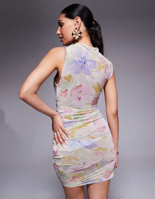 ASOS DESIGN mesh scooped away neckline mini dress with twisted strap in pastel floral print, 4 of 4