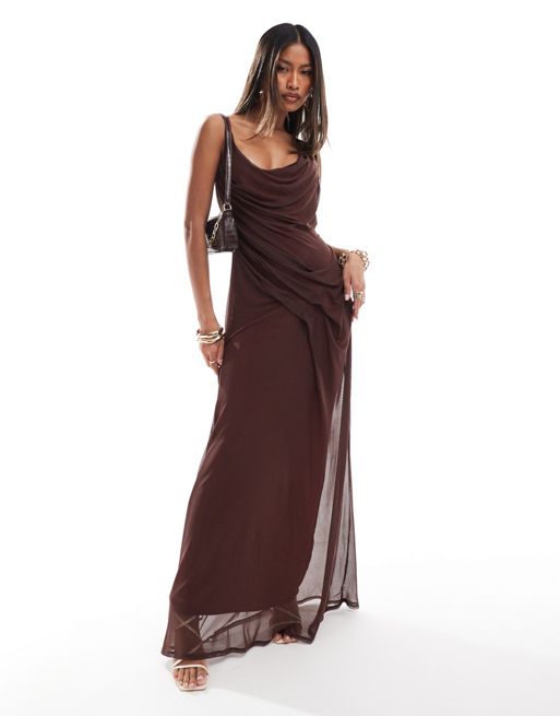 FhyzicsShops DESIGN mesh seam detail strappy cami maxi dress in brown with contrast lining