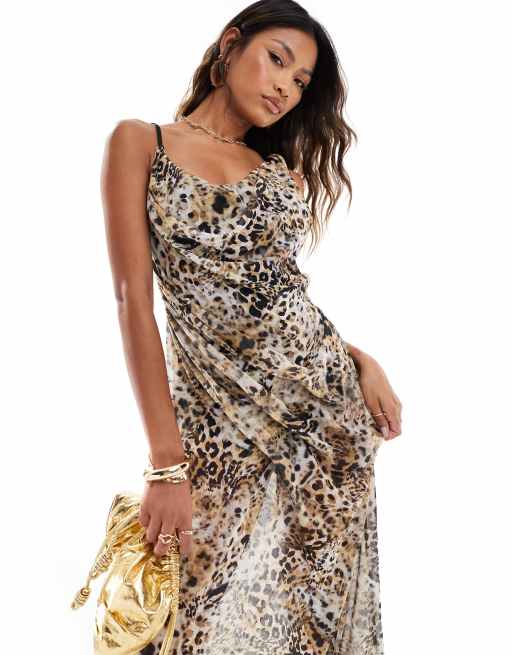 ASOS DESIGN mesh seam detail strappy cami maxi dress in leopard print, 3 of 4