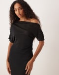 [ASOS DESIGN] ASOS DESIGN mesh semi sheer ruched off shoulder top in black (part of a set) M Black
