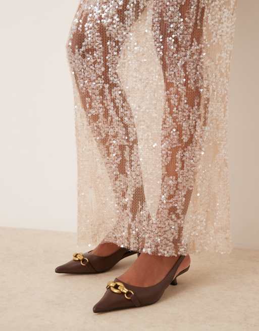 ASOS DESIGN mesh sequin midi skirt in champagne