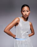 [ASOS DESIGN] ASOS DESIGN mesh sequin racer neck top in silver (part of a set) XS Silver