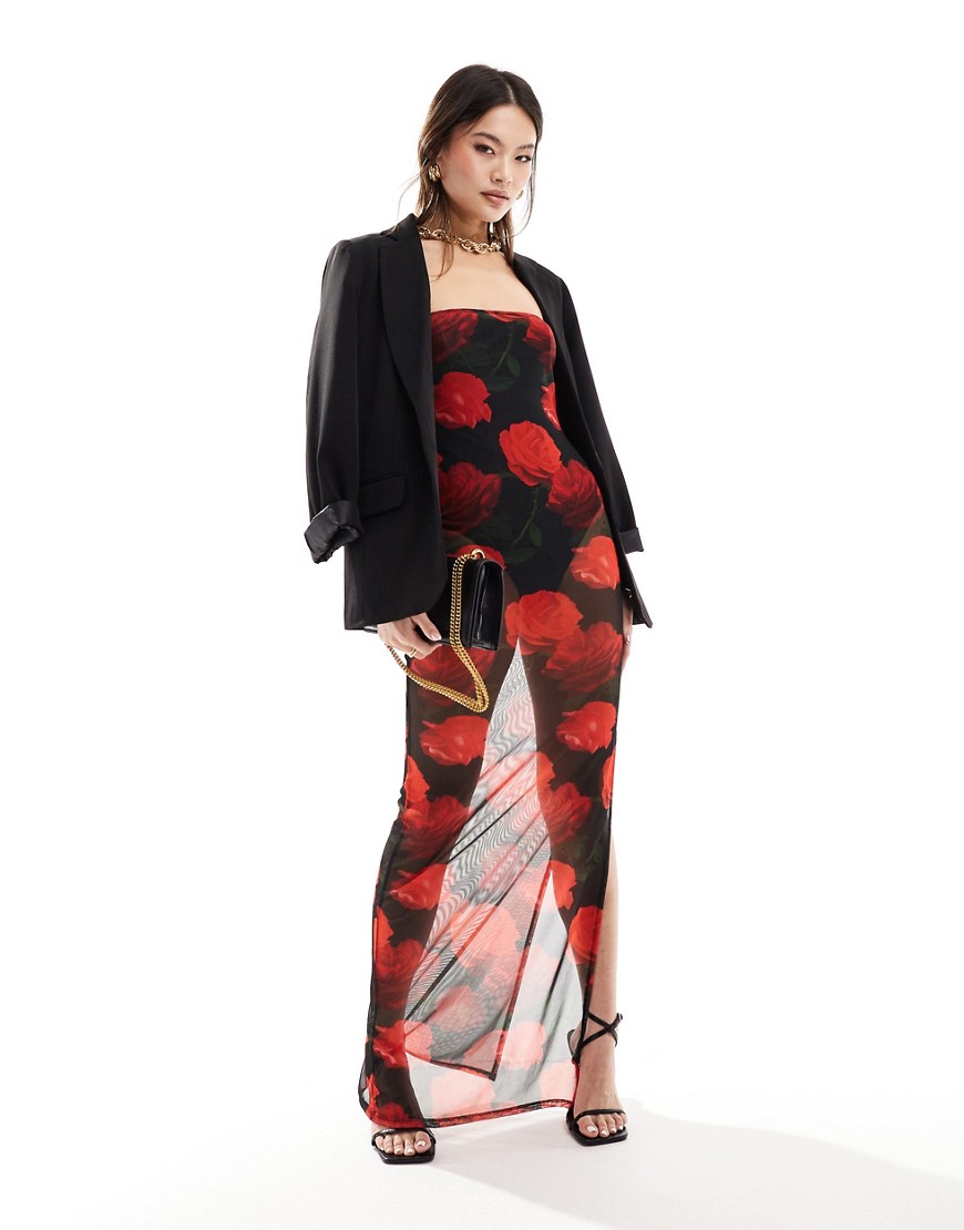 ASOS DESIGN mesh sheer cami maxi dress with body in rose print-Multi