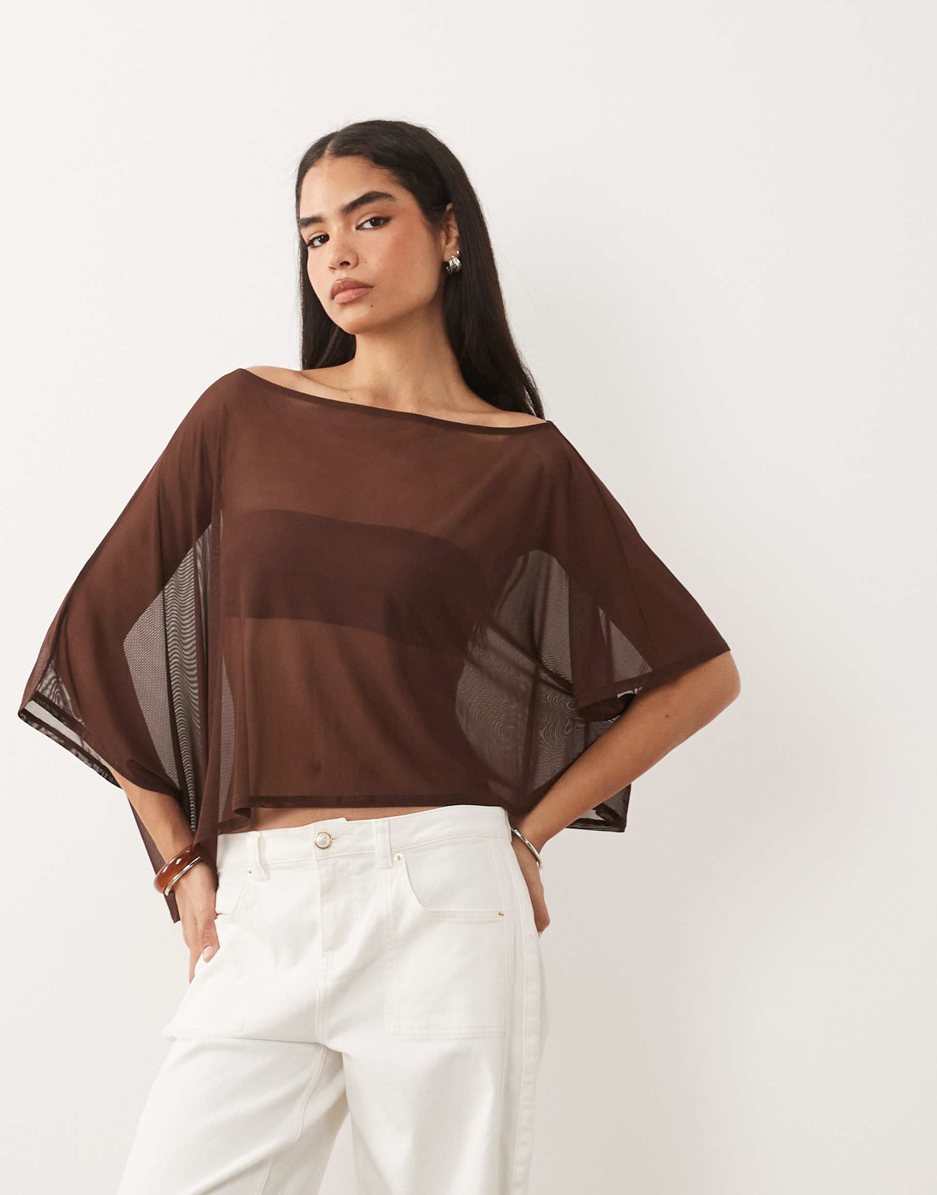 asos design mesh sheer cape top in chocolate