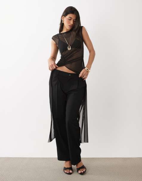 ASOS DESIGN mesh sheer draped high neck longline top with scarf detail in black - view 1