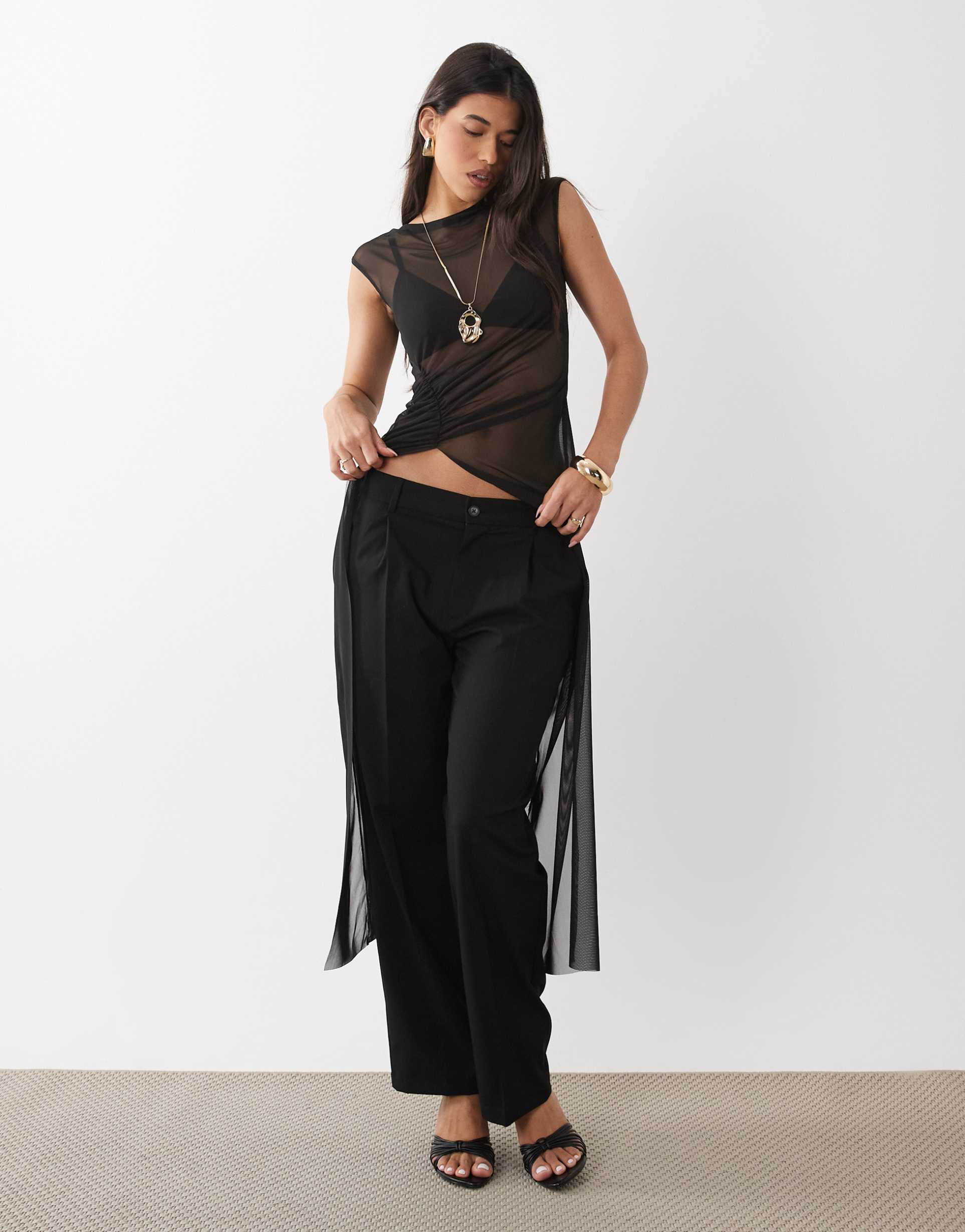 asos design mesh sheer draped high neck longline top with scarf detail in black