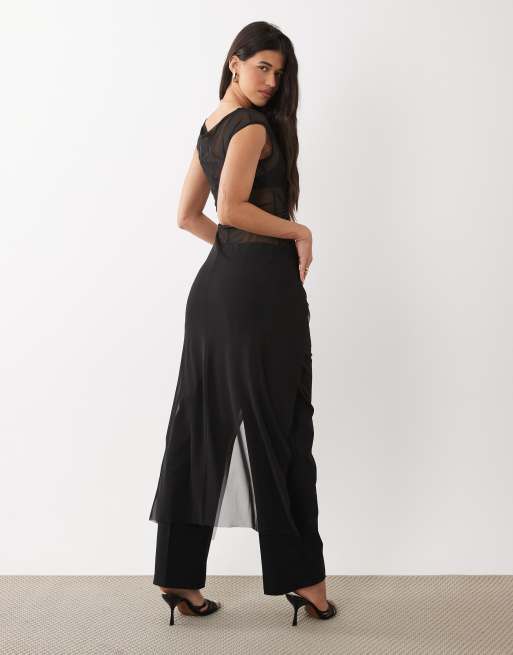 ASOS DESIGN mesh sheer draped high neck longline top with scarf detail in black, 4 of 4