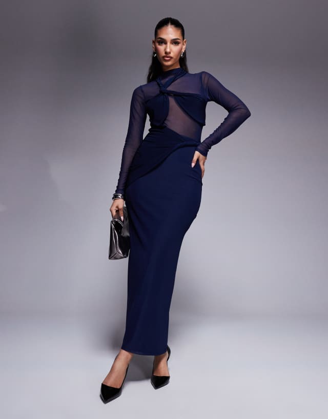 sheer layered maxi dress ASOS DESIGN mesh with twist detailing in navy see through nightgown