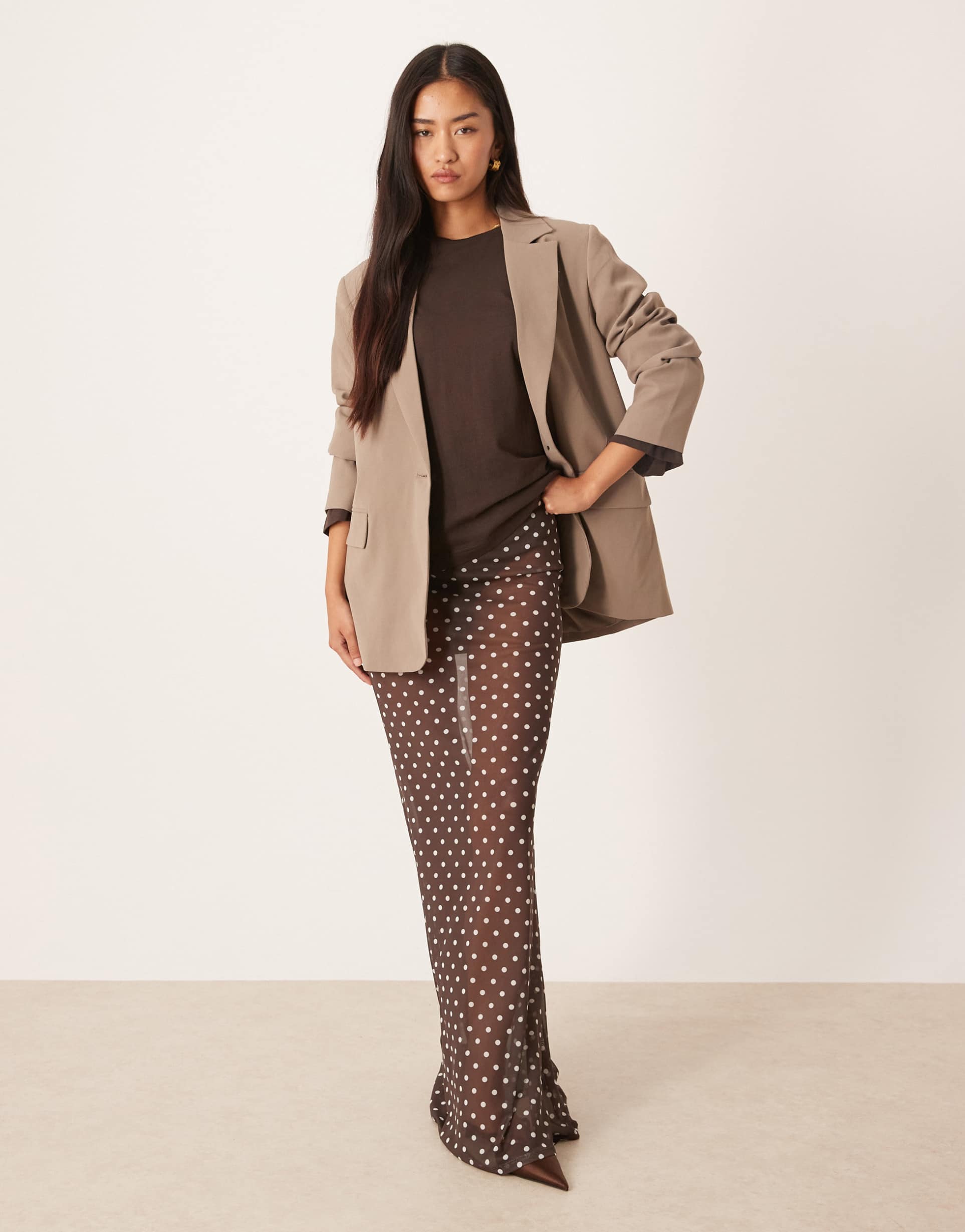 asos design mesh sheer maxi skirt in brown polka dot