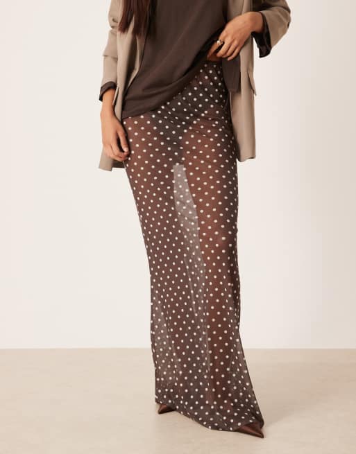 ASOS DESIGN mesh sheer maxi skirt in brown polka dot