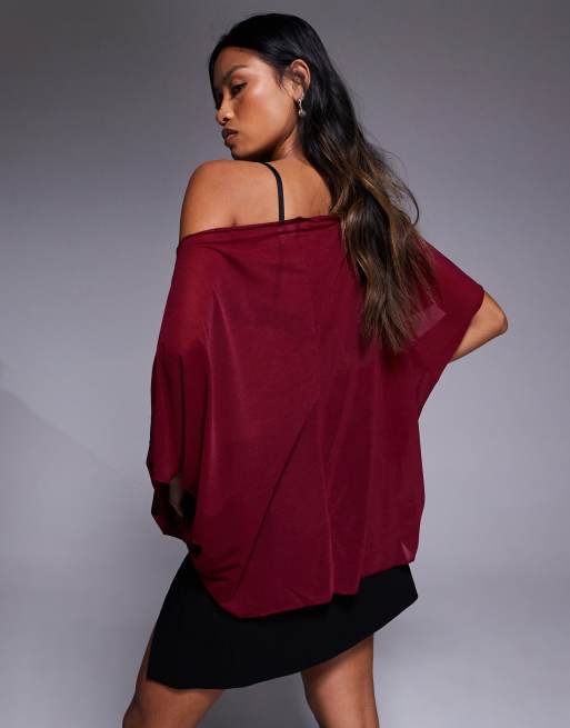 ASOS DESIGN mesh sheer slouchy longline off-shoulder cape top in burgundy