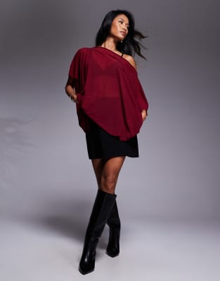 Asos Design Mesh Sheer Slouchy Longline Off The Shoulder Cape Top In Red