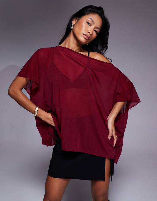 ASOS DESIGN mesh sheer slouchy longline off the shoulder cape top in berry