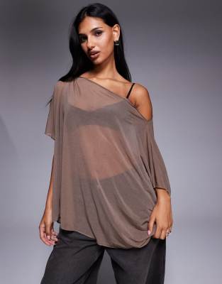 Asos Design Mesh Sheer Slouchy Longline Off The Shoulder Cape Top In Brown