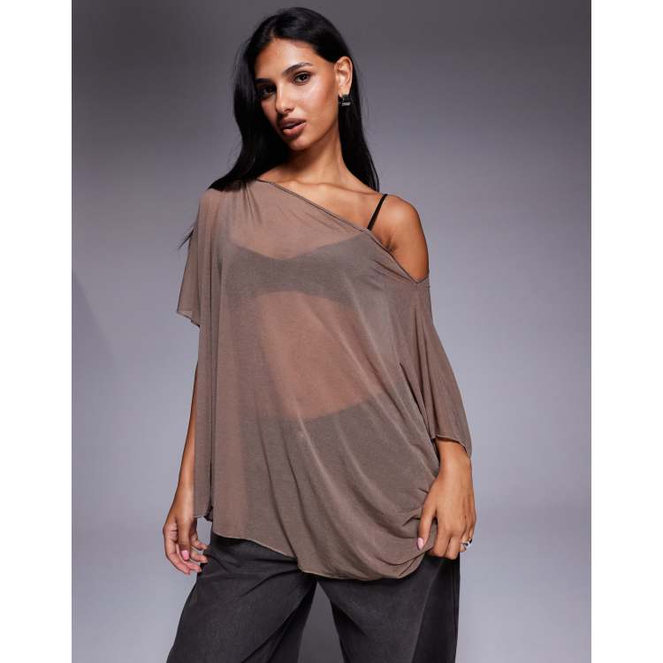 ASOS DESIGN mesh sheer slouchy longline off the shoulder cape top