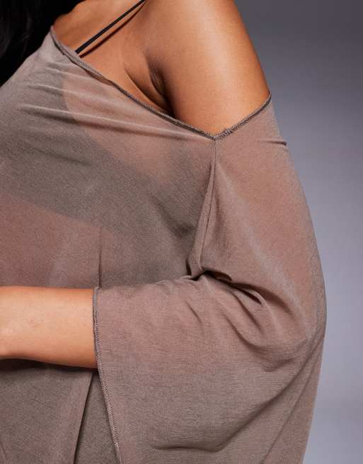ASOS DESIGN mesh sheer slouchy longline off the shoulder cape top in mocha