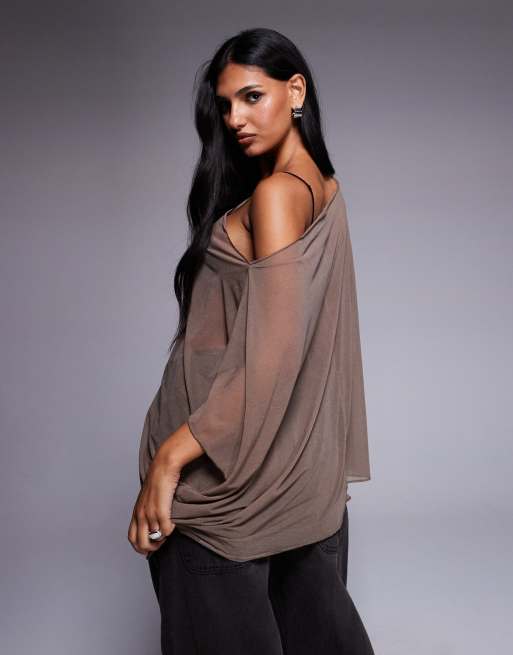 ASOS DESIGN mesh sheer slouchy longline off the shoulder cape top in mocha