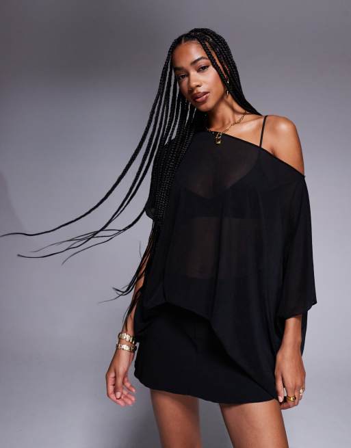 ASOS DESIGN mesh sheer slouchy off shoulder top in black