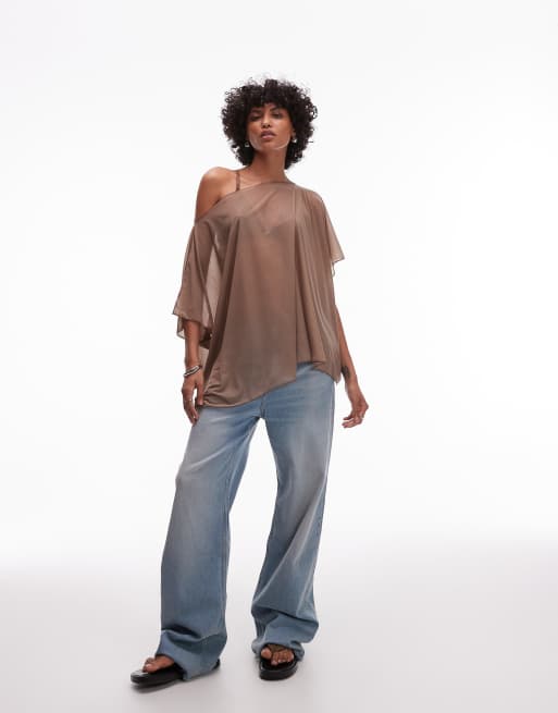 ASOS DESIGN mesh sheer slouchy off the shoulder cape top in mocha, 2 of 4