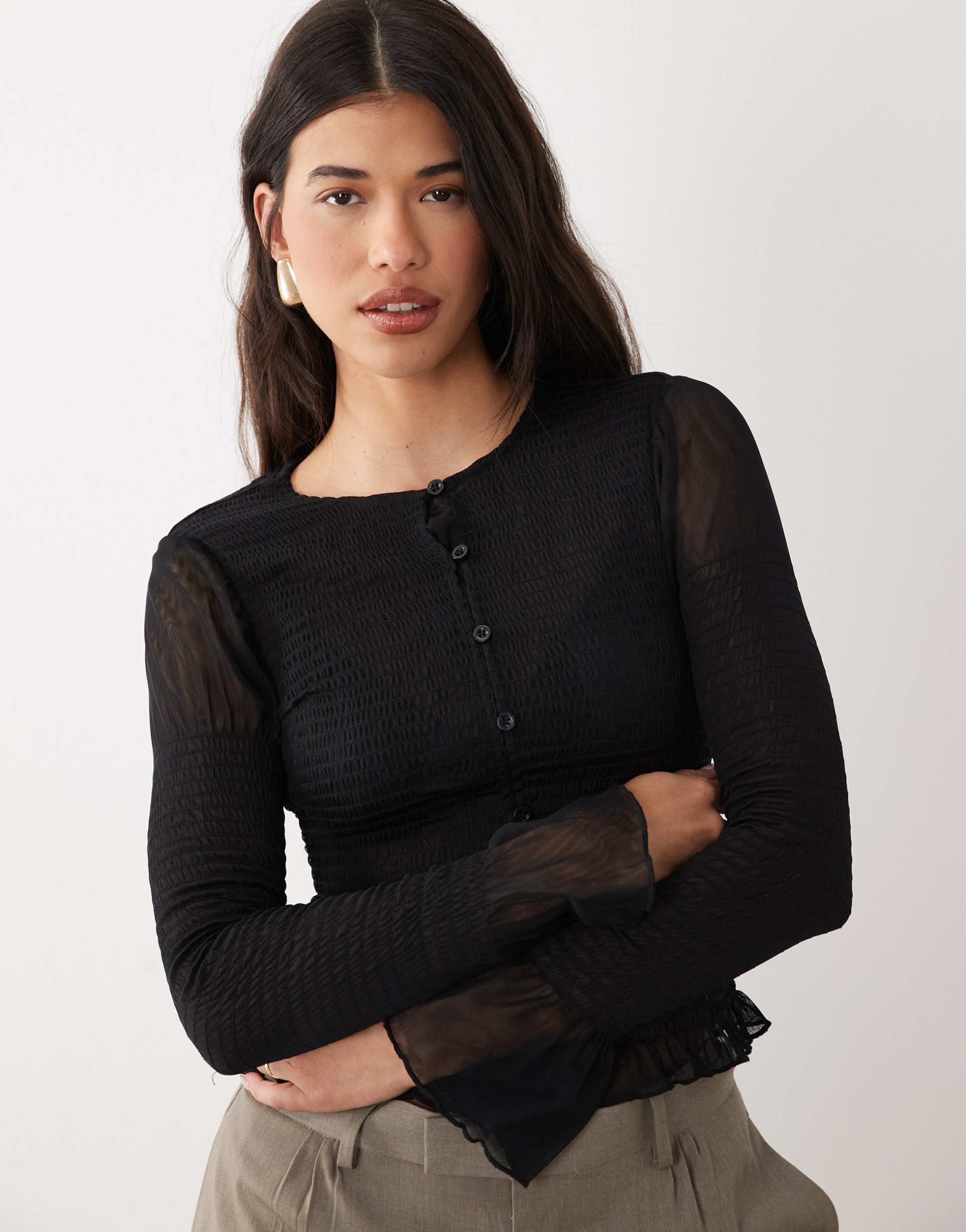 asos design mesh shirred button down long sleeve top in black