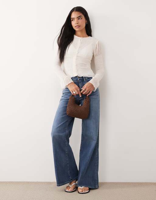 ASOS DESIGN mesh shirred button down long sleeve top in cream, 2 of 4