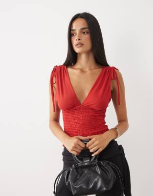 Asos Design Mesh Shirred Plunge Neck Top In Red