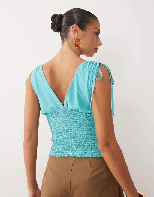 ASOS DESIGN mesh shirred plunge top in turquoise, 4 of 4