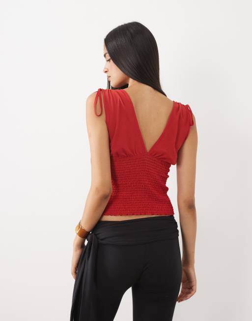 ASOS DESIGN mesh shirred plunged top in red, 4 of 4