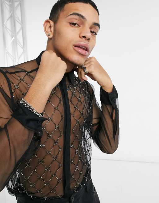 ASOS DESIGN mesh shirt with embroidered sequin print in black