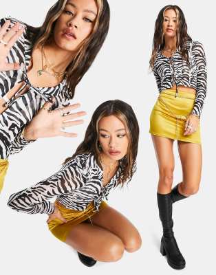 Asos Design Mesh Shirt With Tie Detail In Zebra Print-brown