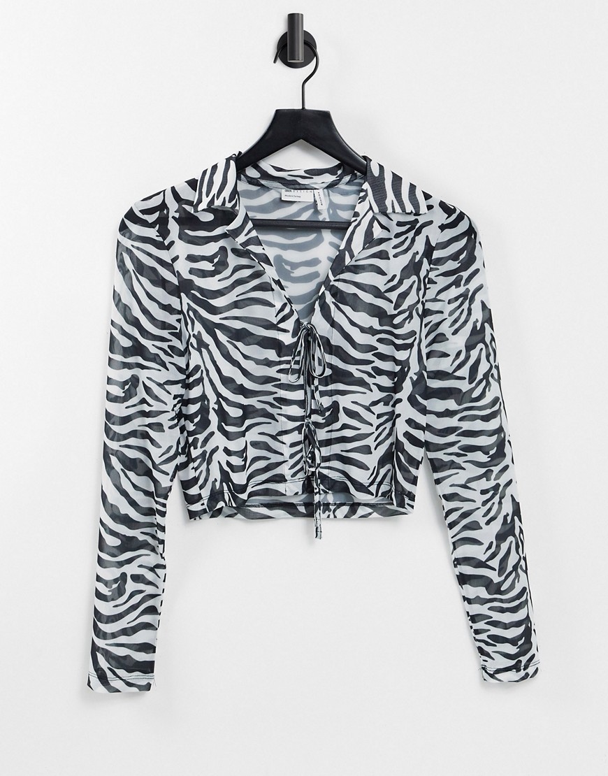 ASOS DESIGN mesh shirt with tie detail in zebra print-Multi