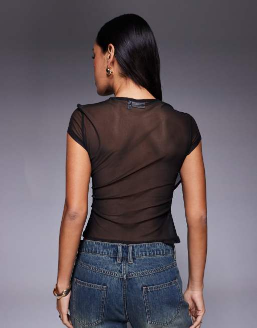 ASOS DESIGN mesh short sleeve drape front top in black, 4 of 4