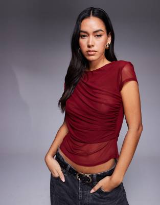 Asos Design Mesh Short Sleeve Drape Front Top In Burgundy