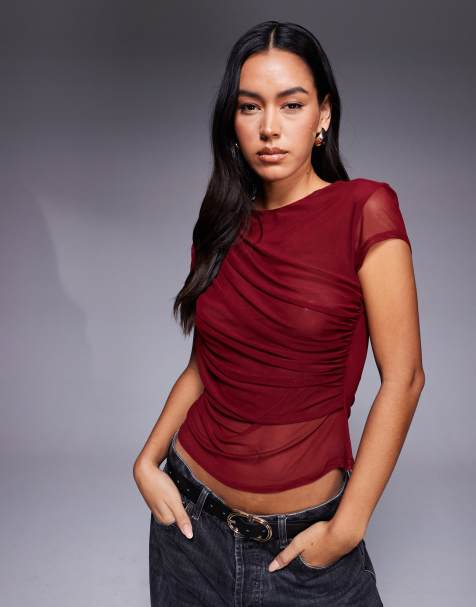 ASOS DESIGN mesh short sleeve drape front top in burgundy - view 1