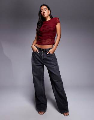 Asos Design Mesh Short Sleeve Drape Front Top In Burgundy