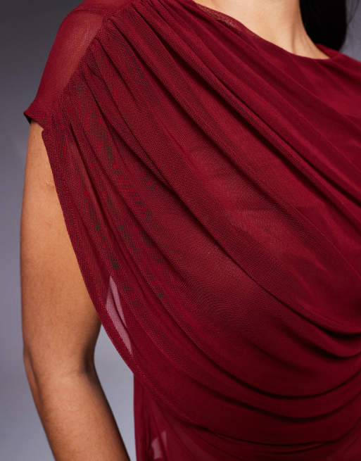 ASOS DESIGN mesh short sleeve drape front top in burgundy