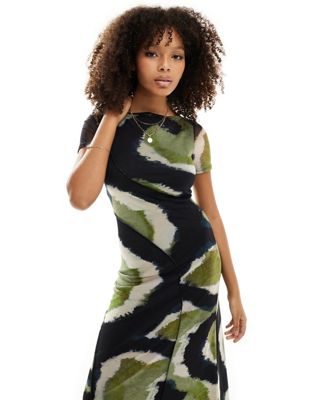 Asos Design Mesh Short Sleeve Maxi Dress With Seam Detail In Green Abstract Print-multi