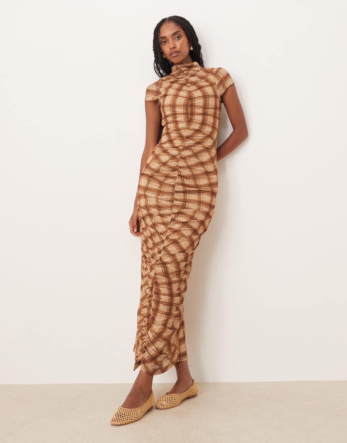 ASOS DESIGN mesh short sleeve ruched midi in burgundy check