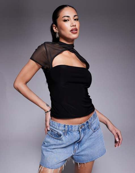 ASOS DESIGN mesh short sleeve top with cross over neck and rouleau button detail in black - part of a set - view 1
