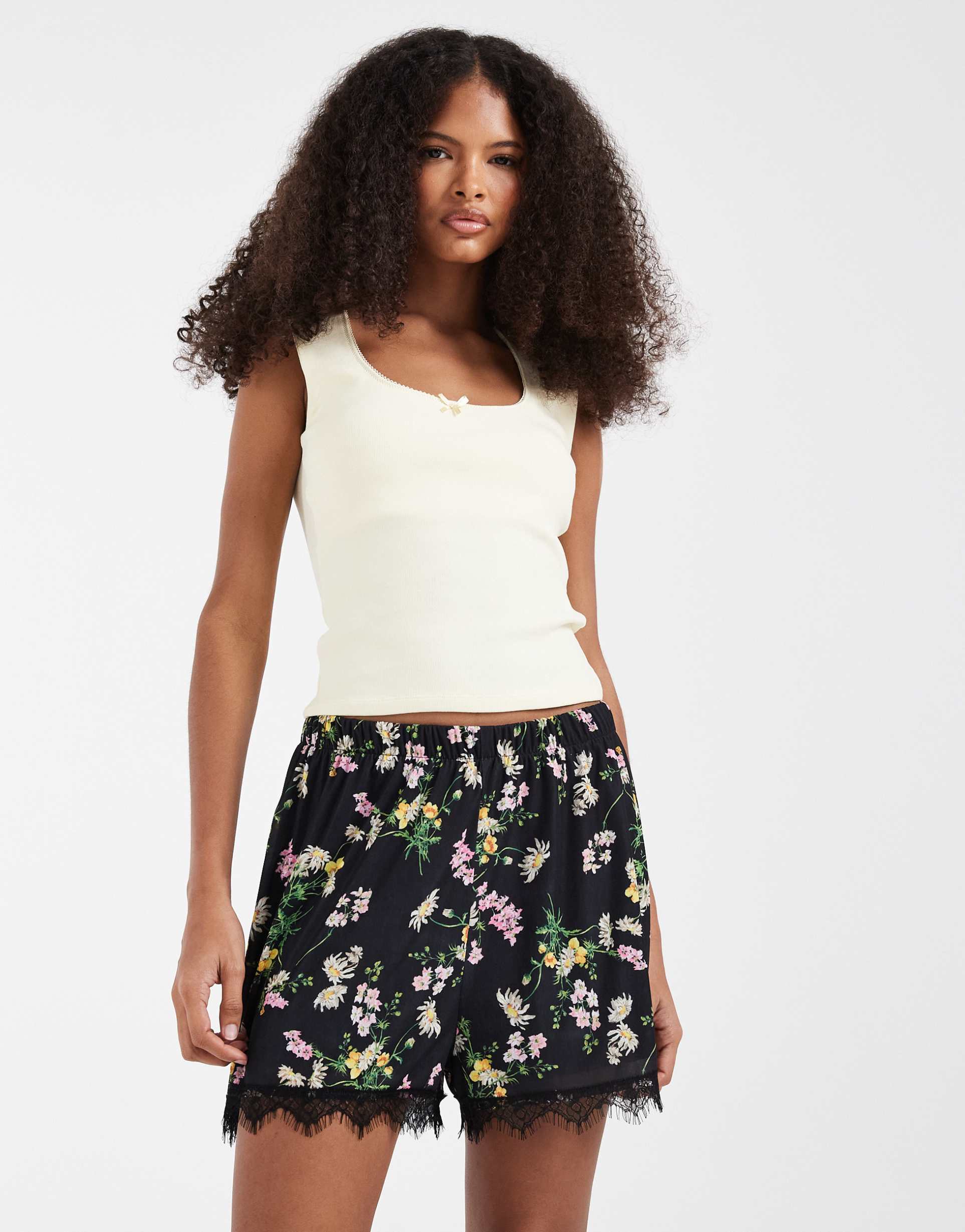 asos design mesh shorts with lace trim in floral print