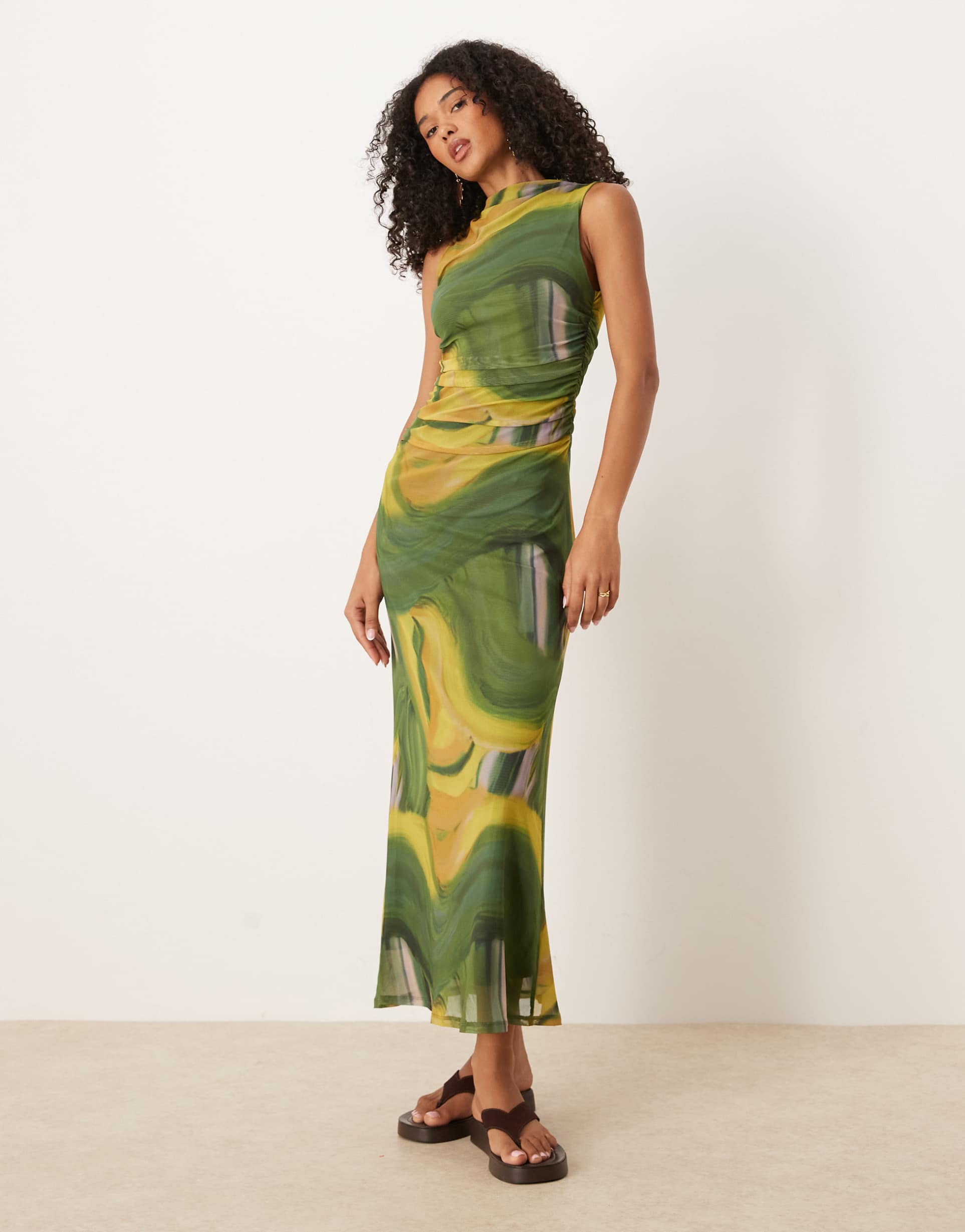 asos design mesh slash detail midi dress in green print