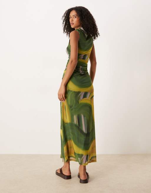 ASOS DESIGN mesh slash detail midi dress in green print, 2 of 4